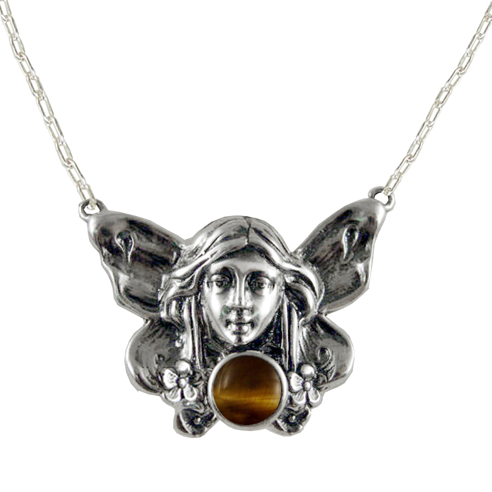 Sterling Silver Victorian Winged Fairy Necklace With Tiger Eye